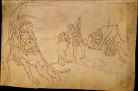 Folio 52 - Trois etudes d'hommes armes luttant contre des lions